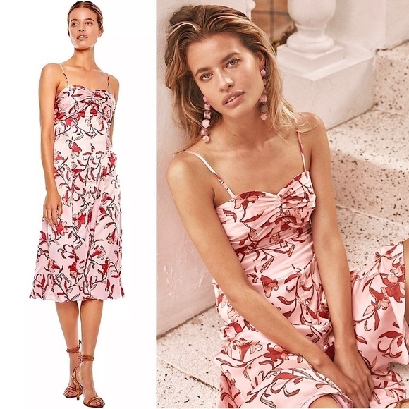 TALULAH Y2K Pink Floral Satin Sleeveless Ruched Button Front Midi Slip Dress S - Picture 1 of 7